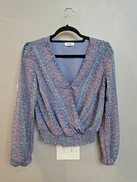 Japna Tops - Japna Blue Floral Smocked Waist Surplice Top Long Sleeve Size M